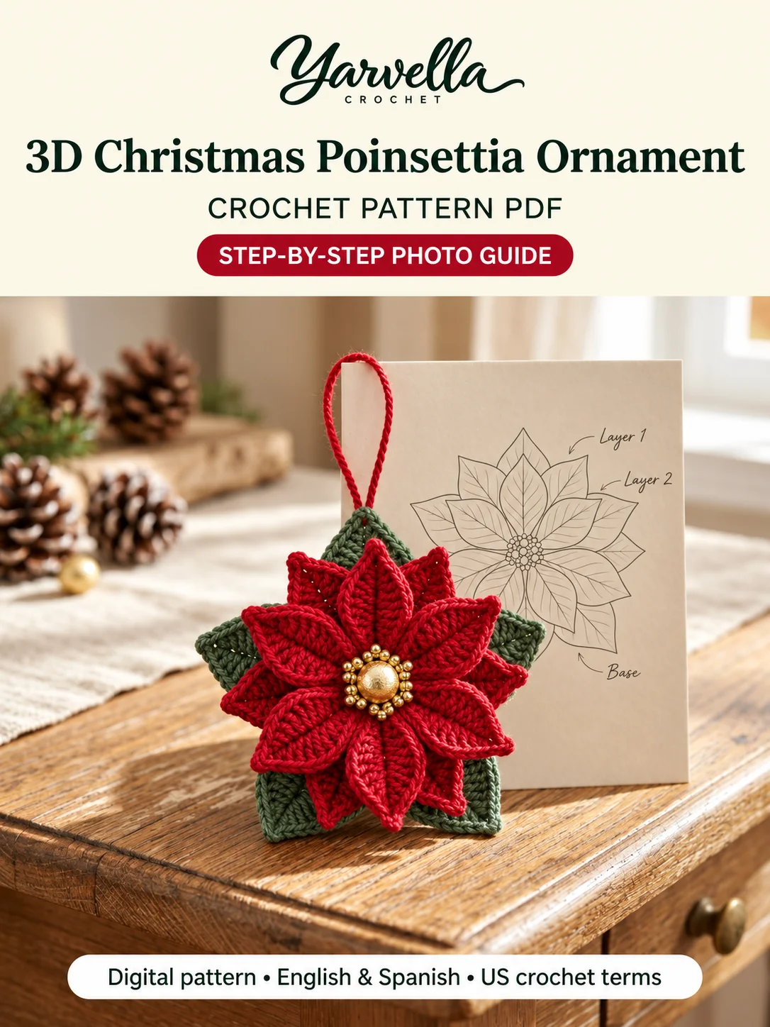 3D Christmas Poinsettia Ornament Crochet Pattern PDF – Holiday Tree Decor product image (2)