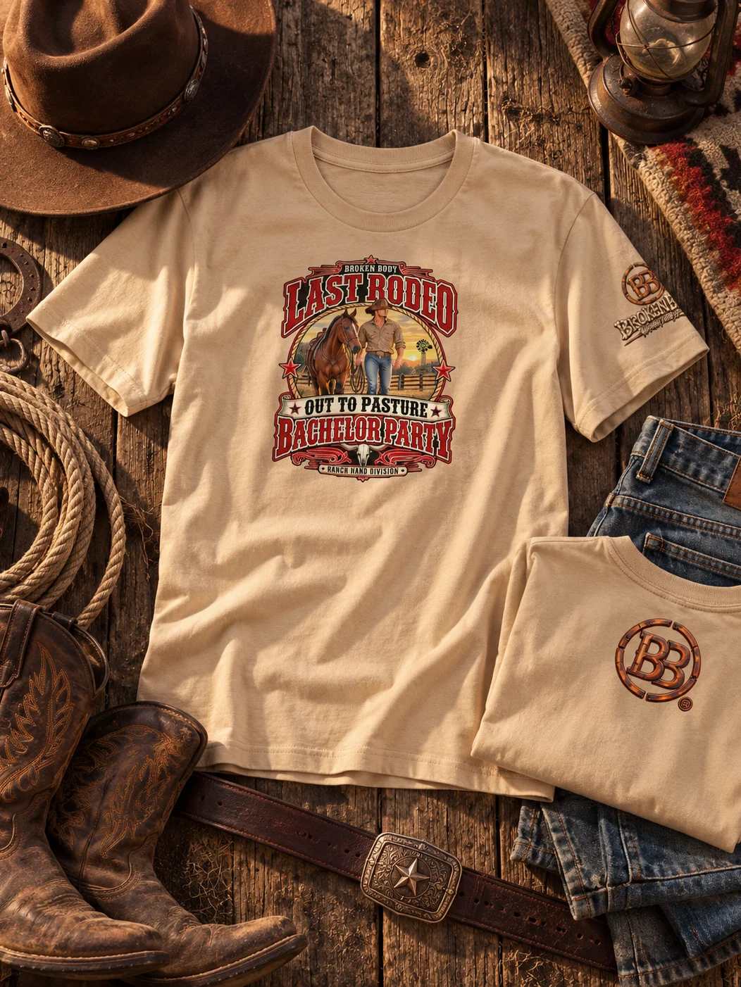 Western Bachelor Party Shirt — Last Rodeo Out to Pasture Groom Tee | Broken Body™ product image (2)