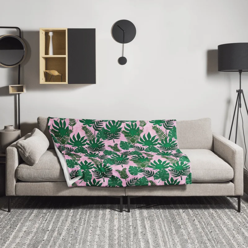 Jungle Leaves Pattern Throw Blanket- Pink Background product image (5)