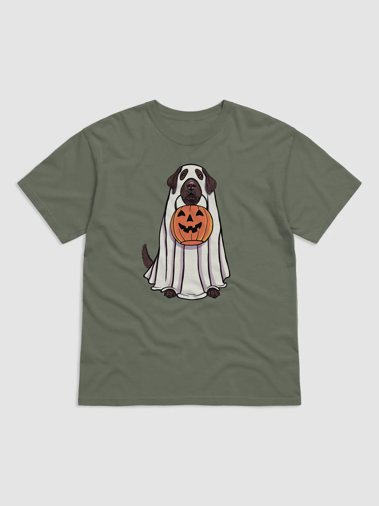Funny Halloween Labrador Retriever(Chocolate) T-Shirt | Funny Labrador Wearing a Ghost Costume and Holding a Pumpkin Basket product image (1)