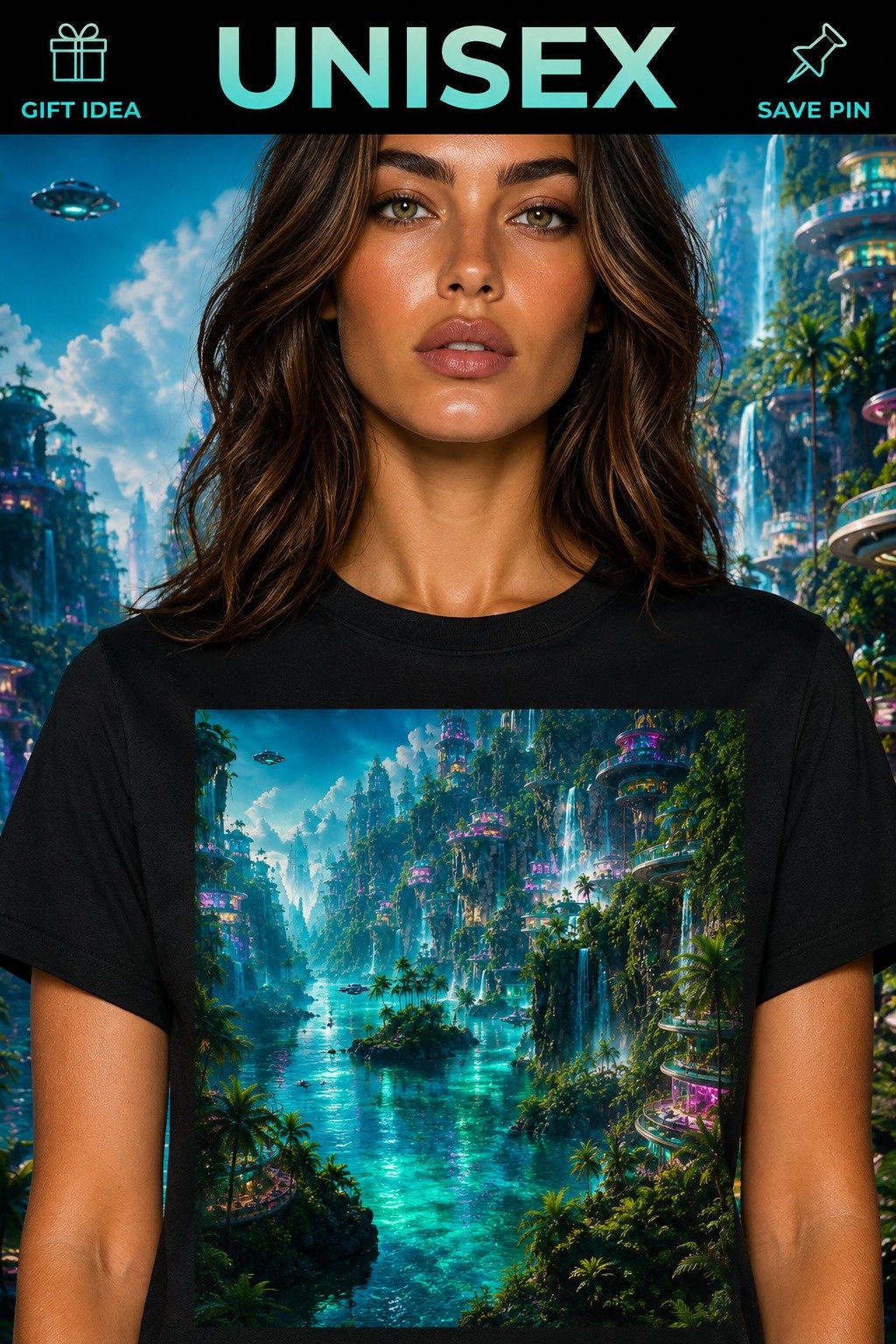Futuristic Paradise T-Shirt | Unisex Neon Tropical City Tee | Emerald Turquoise Sci-Fi Resort Art product image (1)