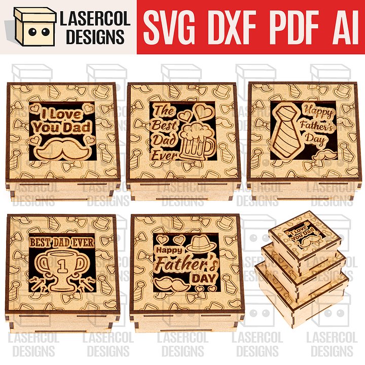 Father's Day Gift Boxes Set 1 (3 Sizes, 5 Styles) - Laser Cut Files product image (1)