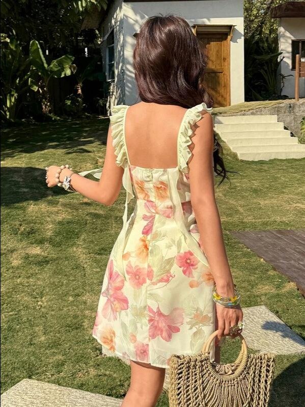 Pale Yellow Tropical Floral Ruffle Strap Mini Dress | Women's Boho A-Line Ruched Bust Dress for Spring Vacation & Garden Party | ADLEST product image (2)