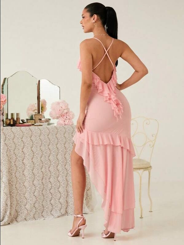 Soft Pink 3D Floral Ruffled Backless Maxi Dress | High-Slit Cami for Dinner Date, Wedding Guest & Vacation | ADLEST product image (2)