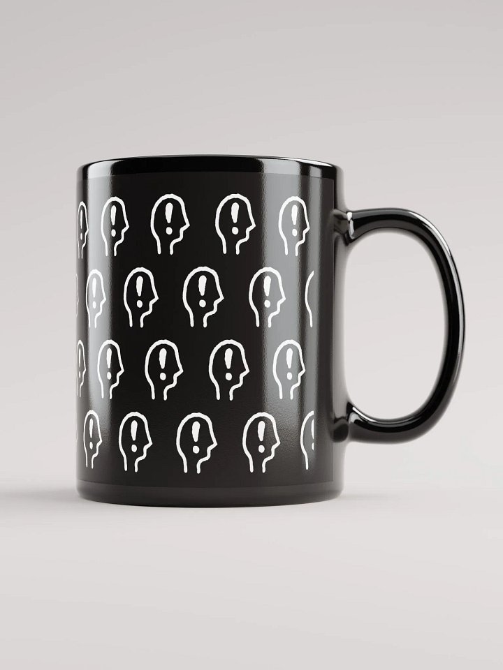 EXCLAIMING MENTALLY (white repeating design) glossy black mug product image (2)