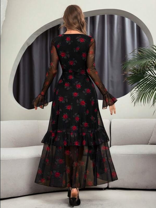 Women's Gothic Elegant Sexy Long Sleeve Modern Romantic Ruffle Floral Sleeve Abstract Print Dress Spring Vacation product image (3)