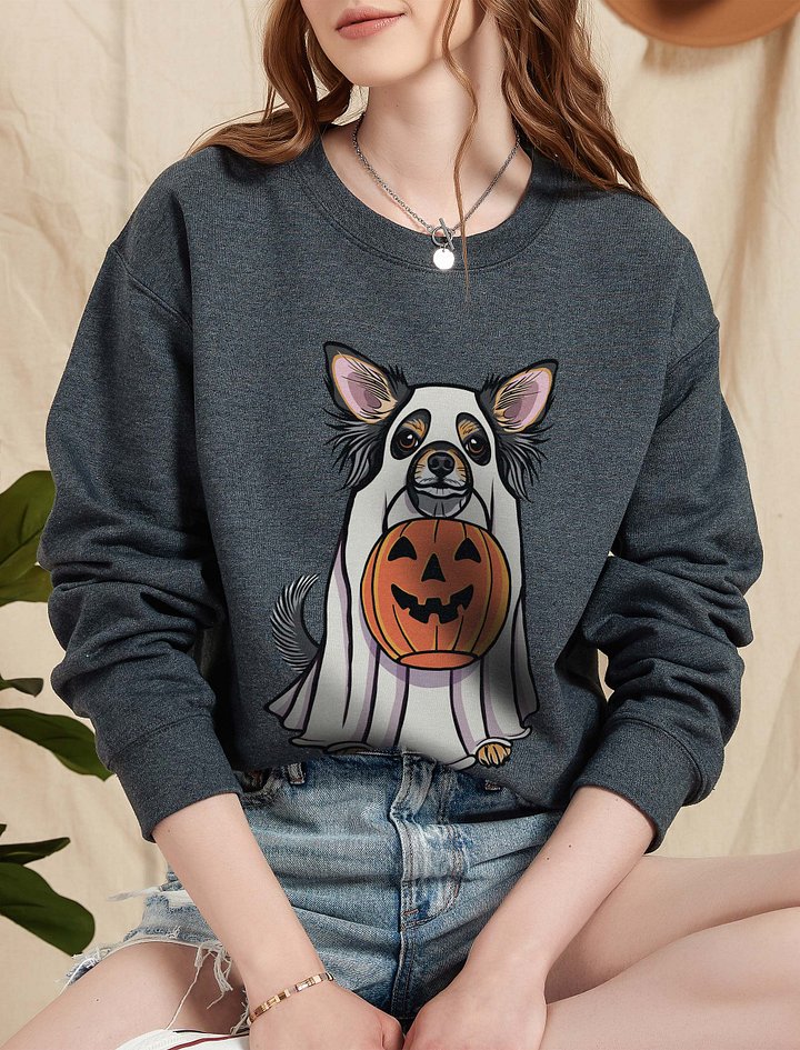 Funny Halloween Longhaired Chihuahua(Tricolor) Sweatshirt | Funny Chihuahua Wearing a Ghost Costume and Holding a Pumpkin Basket product image (2)