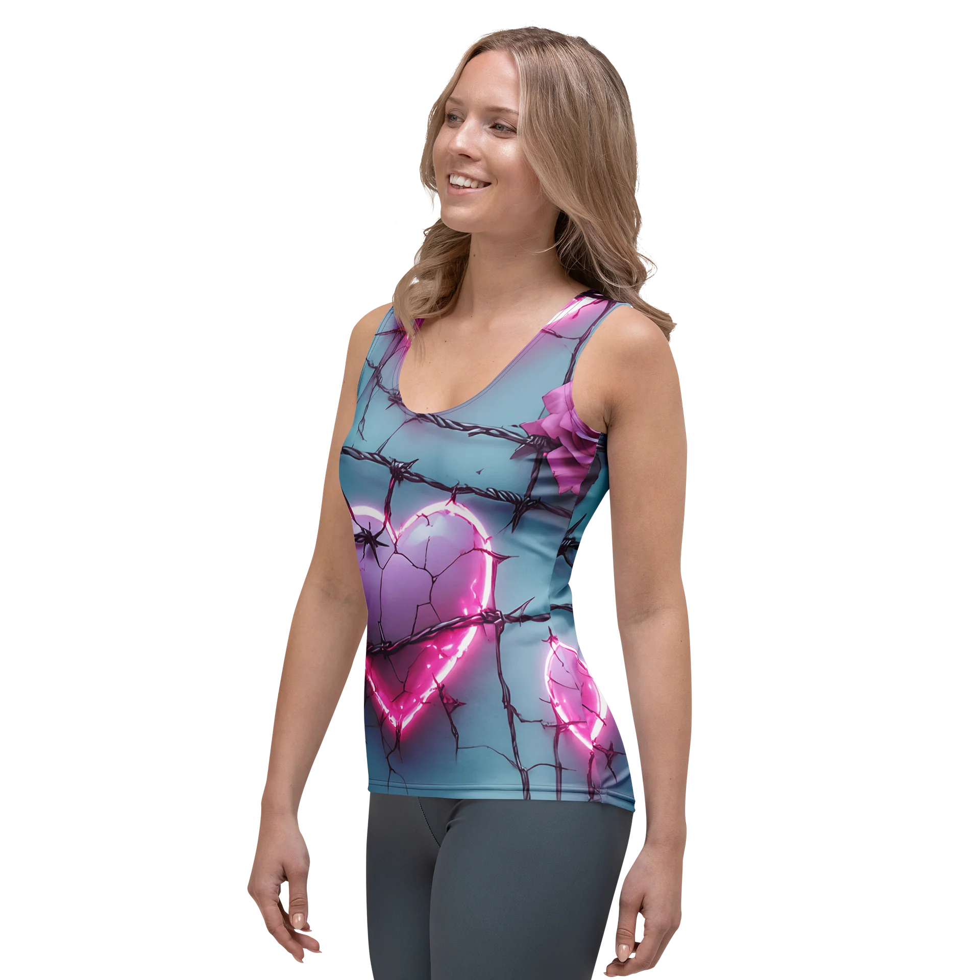 Neon Barbed Heart Skull Tank Top - Glow Pink Shattered Heart All-Over Print Women's Fitted Tank product image (3)