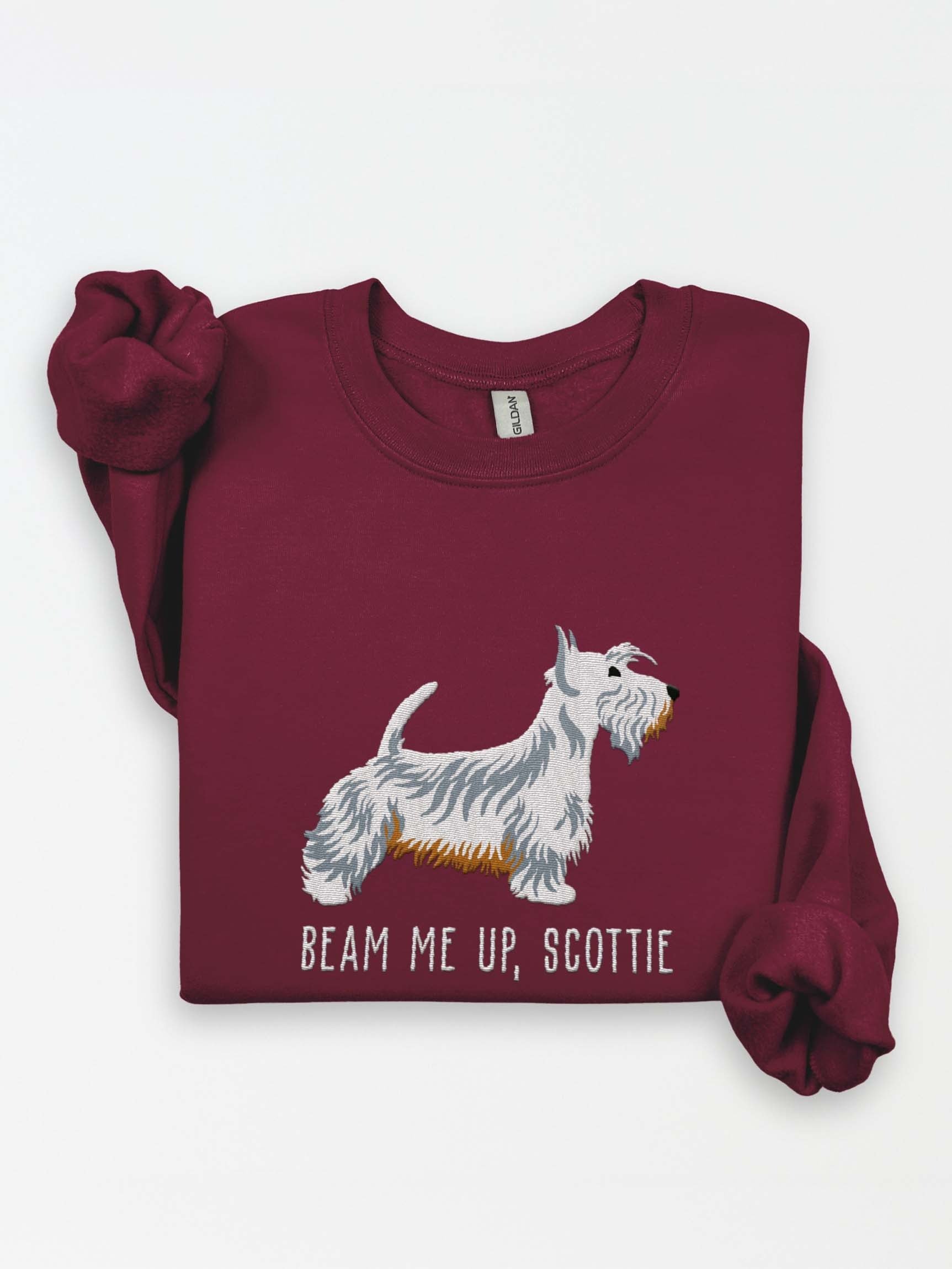 Beam Me Up, Scottie Sweatshirt(Embroidered) of a Scottish Terrier(White) product image (1)