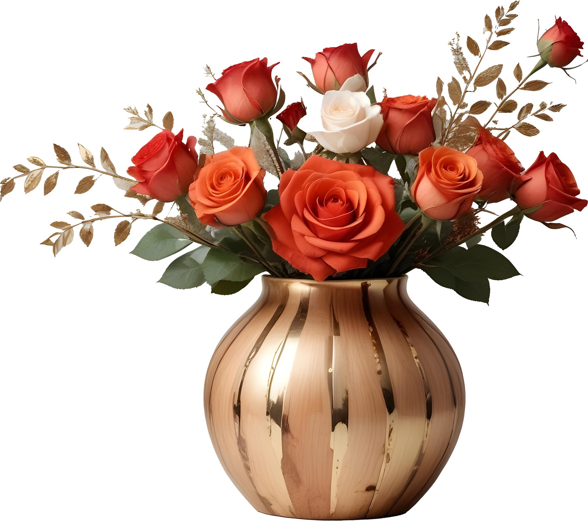 Elegant Gold-Striped Vase with Orange and White Roses PNG product image (1)