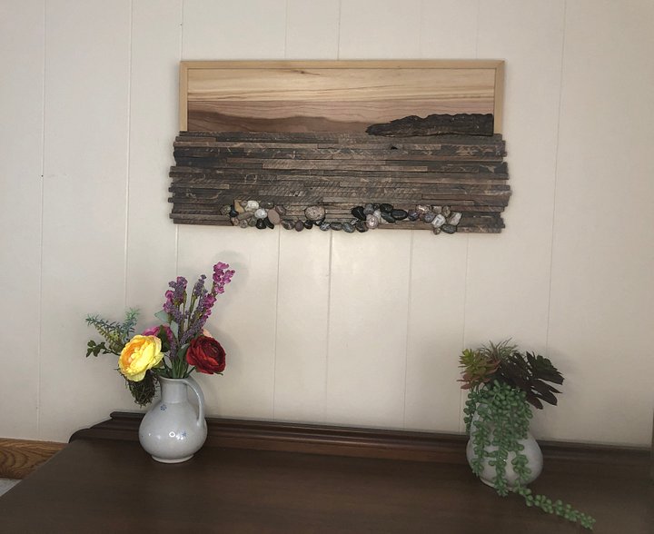 OOAK- Abstract Landscape in cedar, cherry, reclaimed pallet boards, and Lake Superior rocks 25" wide x 12" high product image (1)