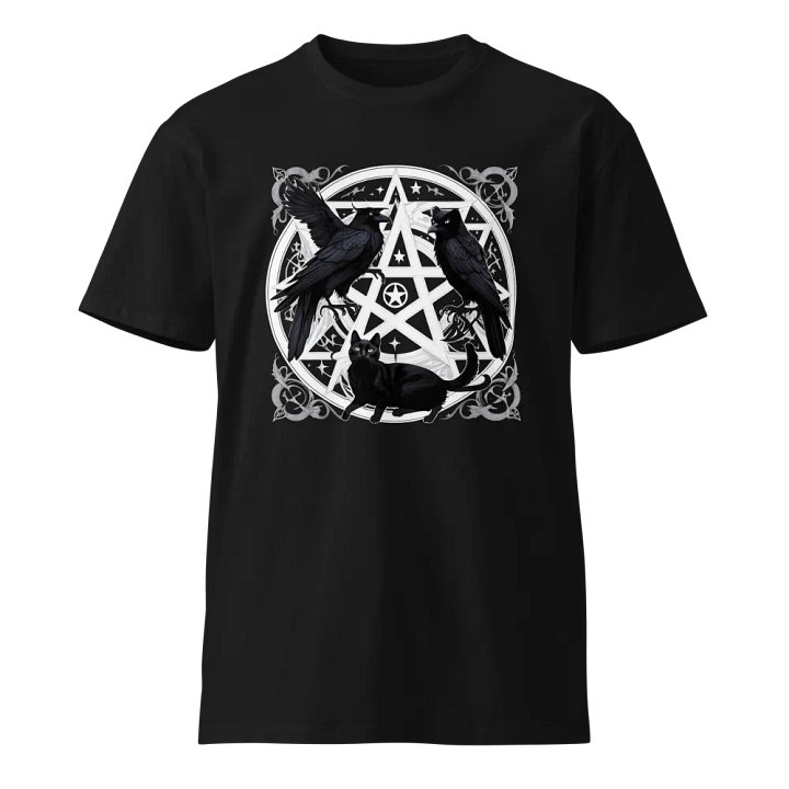 Mystical Goth Raven and Cat with Pentagram T-Shirt product image (1)