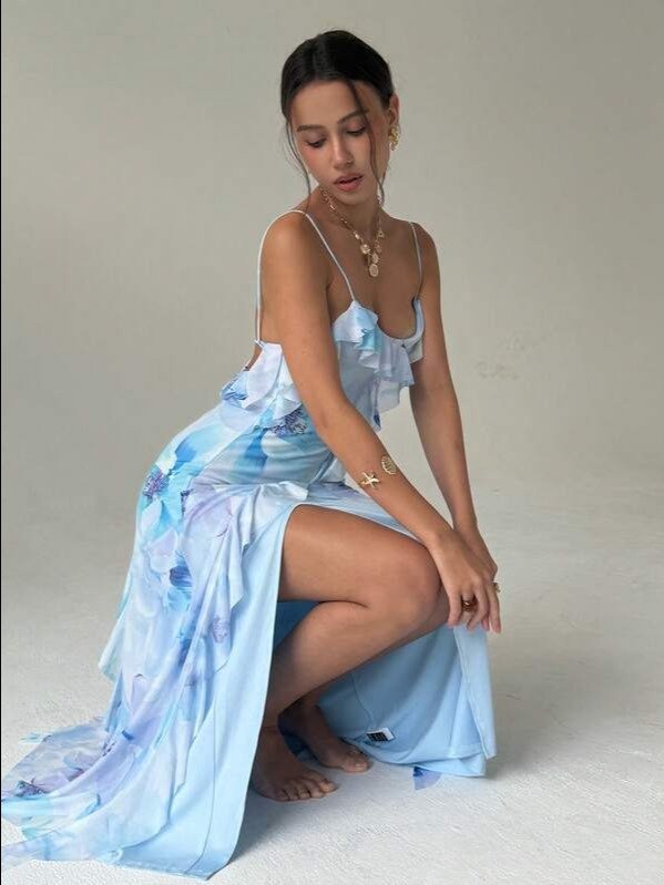 Pink Floral Asymmetrical Backless Spaghetti Strap Dress | Women's Boho High Waist Midi Dress for Summer Vacation, Dates & Night Out | ADLEST product image (6)