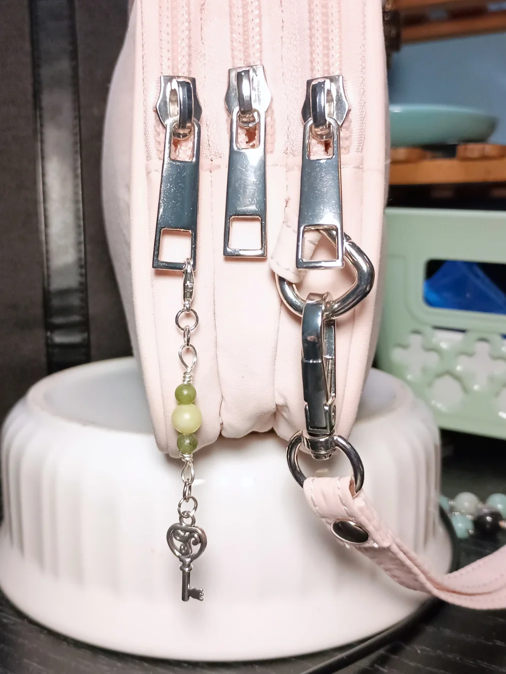 Key Notebook Charm | Triskelion, Green & Lemon Jade, Silver-Tone | Stitch Marker | Zipper Pull product image (5)