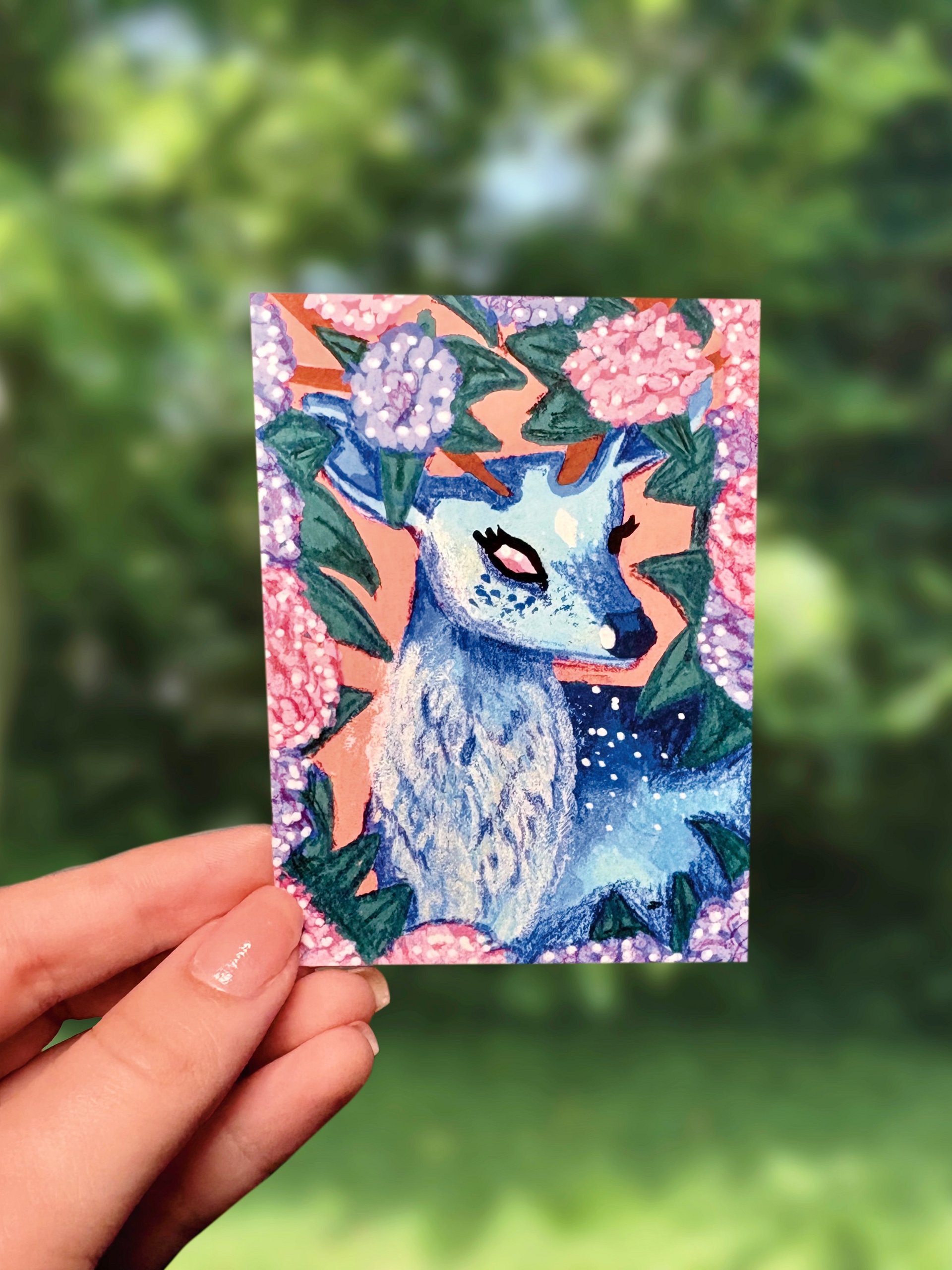 Art Card Print - Blue Deer Hydrangeas Florafawn ACEO product image (1)