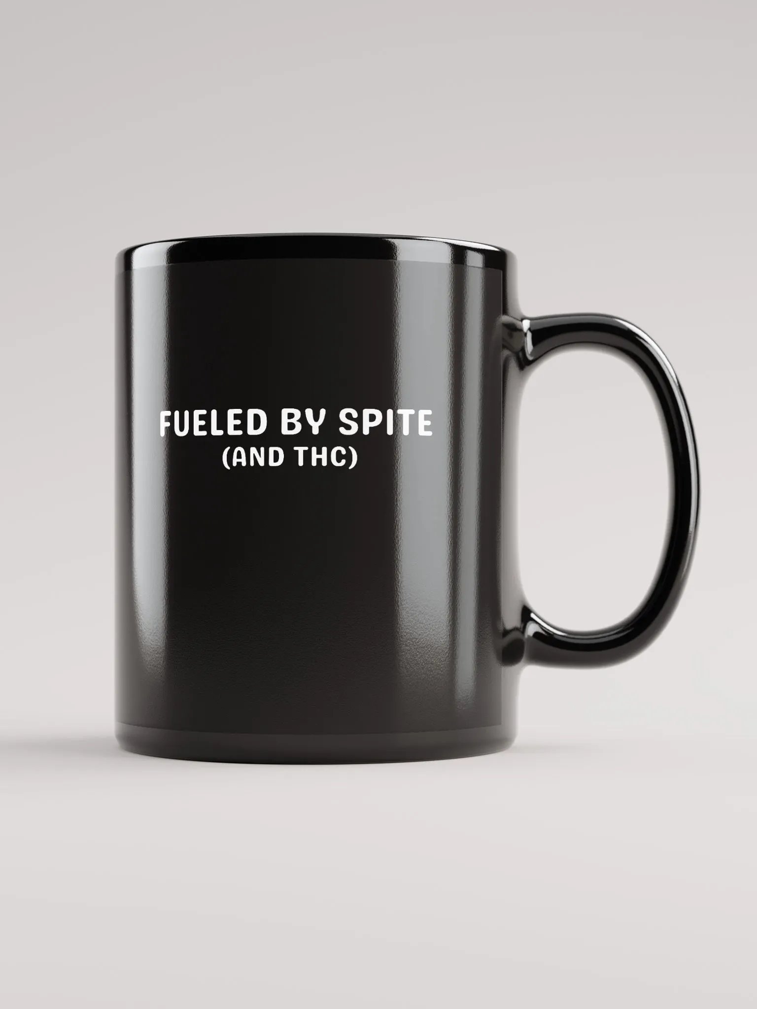 FUELED BY SPITE (white design) glossy black mug product image (2)