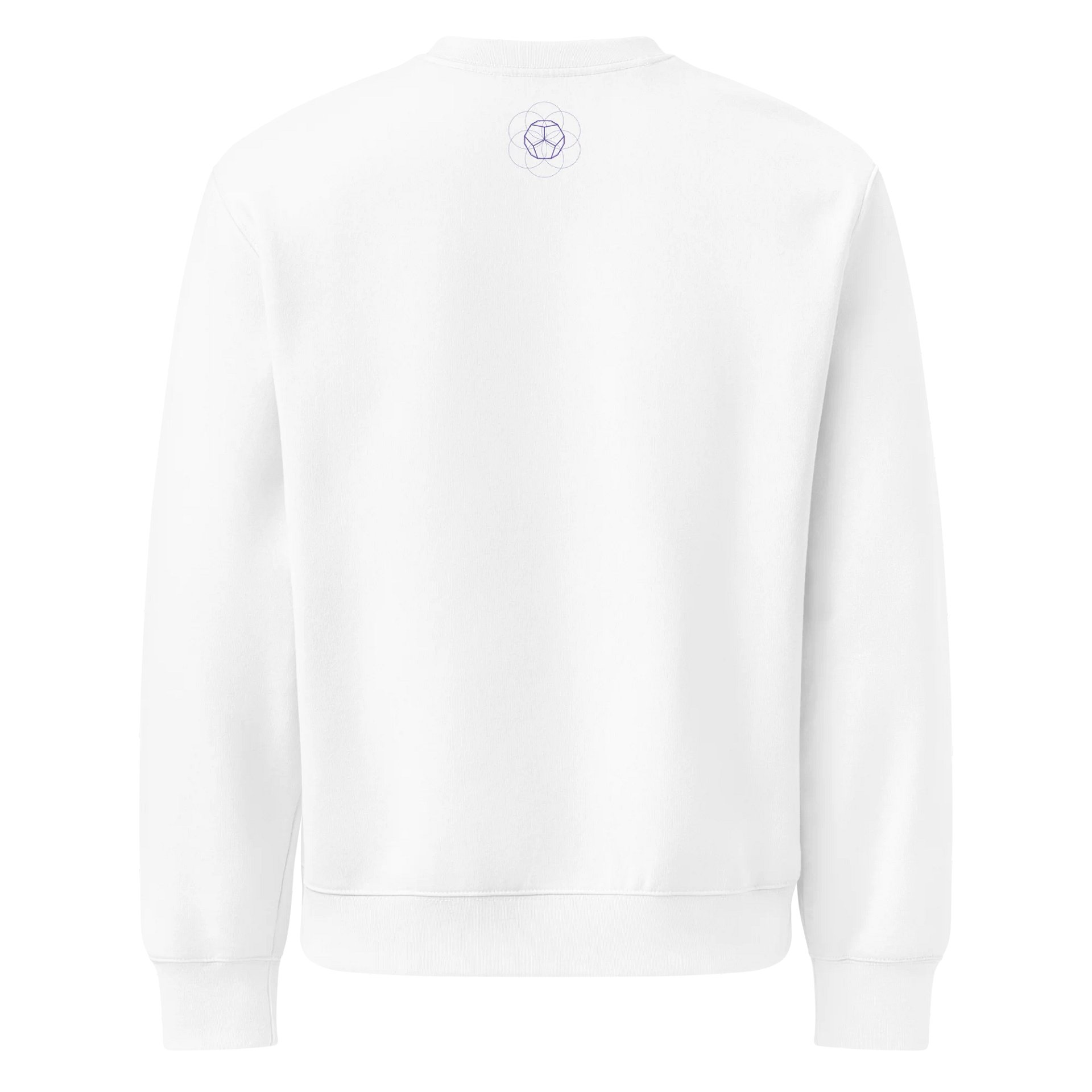 White Sweater – Purple Dodecahedron (Centered Front & Upper Back Print) product image (2)