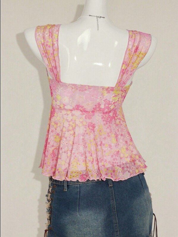 Ditsy Floral Asymmetrical Ruched Knot Cami Top | Women's Boho Wide Strap Mesh Blouse for Summer Vacation & Fall Outfits | ADLEST product image (6)