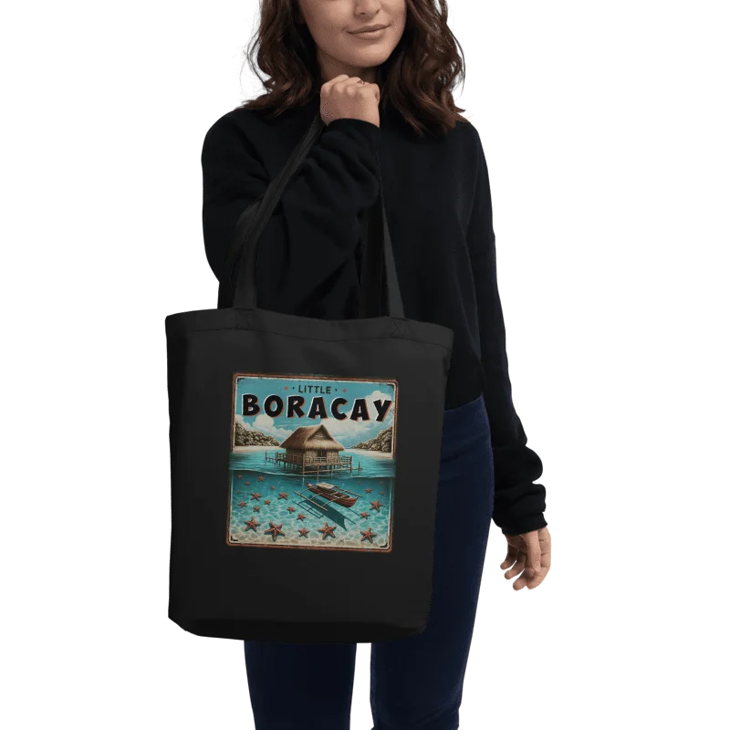 LITTLE BORACAY TOTE BAG, FLOATING COTTAGE BALSA AND FILIPINO BOAT BANGKA WITH STARFISH, CALATAGAN BATANGAS product image (1)