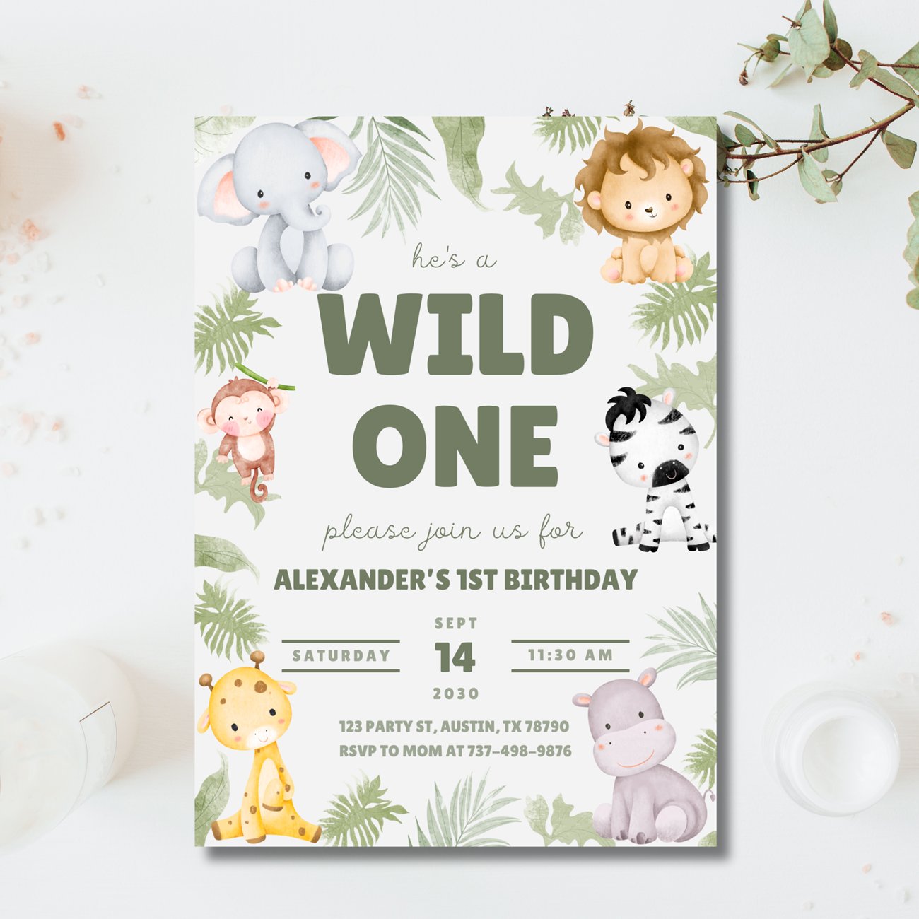 Wild One Birthday Invitation | Safari 1st Birthday Invite | Jungle Party | Animal Theme | Editable Canva Template product image (5)