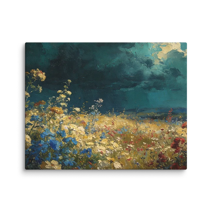 Storm Over the Wildflower Field | Dark Impressionist Oil Painting Print | Moody Botanical Landscape | Teal Sky Wall Art product image (1)