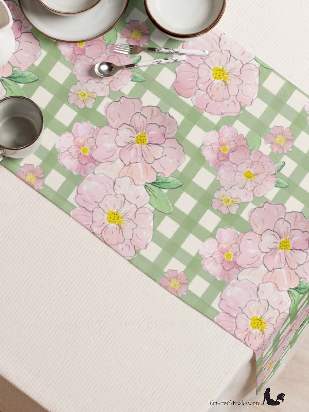 Gingham Blossoms Pink Flowers on Gingham Table Runner product image (3)