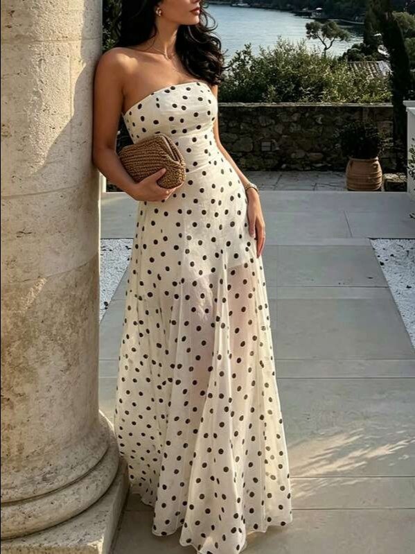 White Polka Dot Strapless Mermaid Long Dress | ADLEST product image (3)