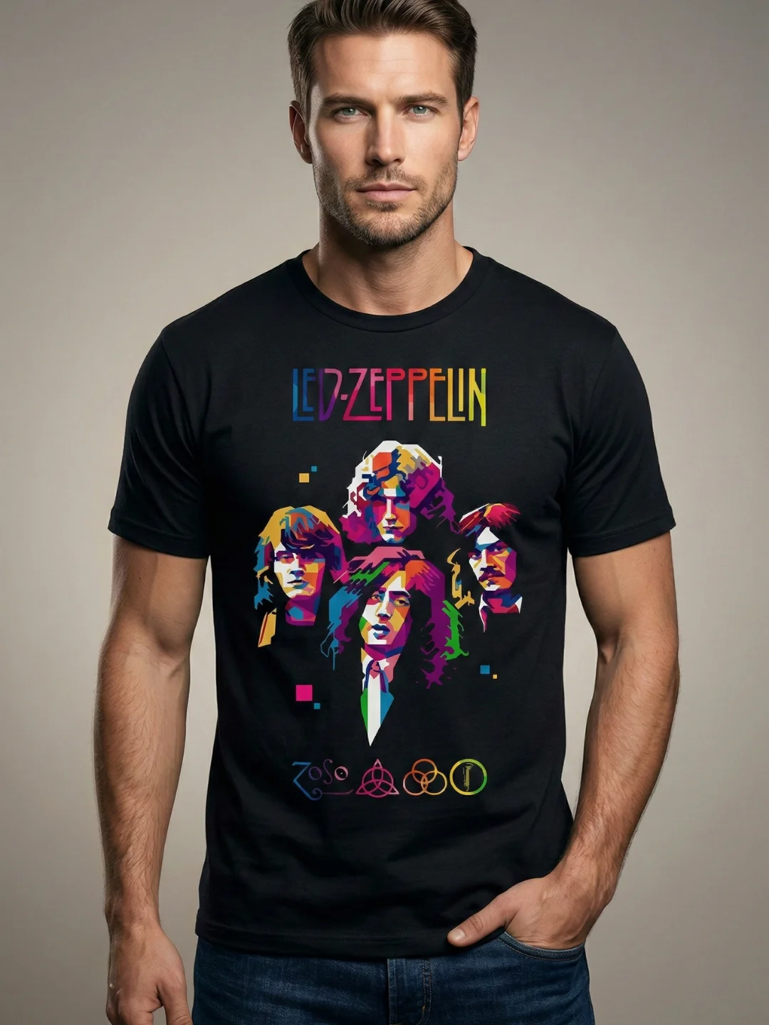 Led Zeppelin T-Shirt WPAP Pop Art Four Members Portrait | Jimmy Page Robert Plant Classic Rock Graphic Tee | 70s Hard Rock Collector Shirt product image (1)
