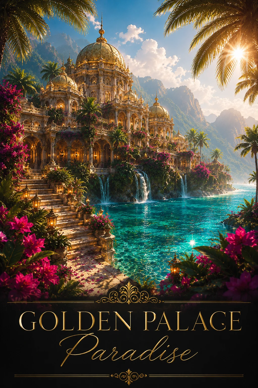 Golden Palace Paradise - Tropical Fantasy 8K Digital Wall Art product image (1)