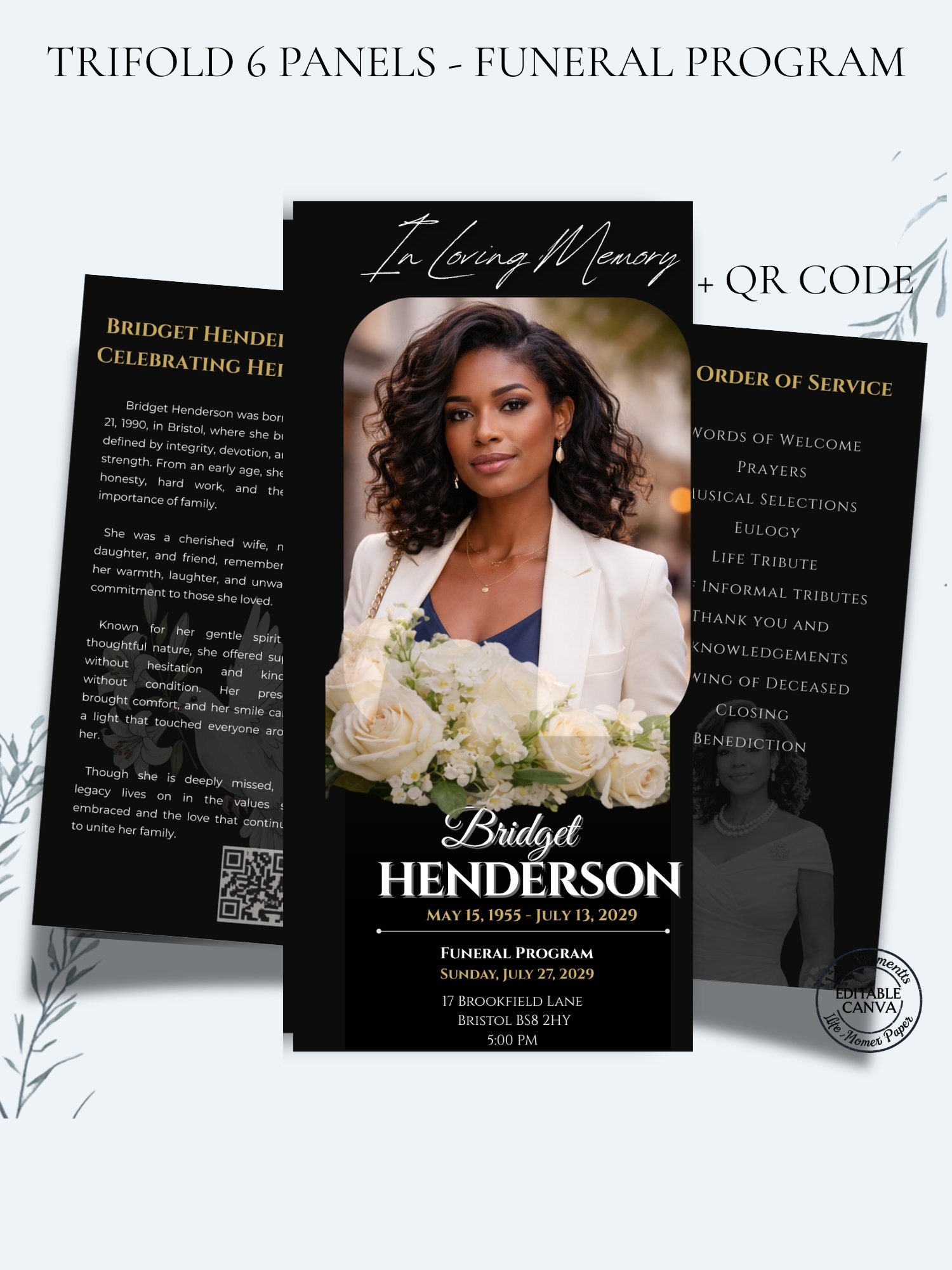 Celebration of Life Trifold for Women | Black & Gold Funeral Program, 6-Page US Letter Canva Template product image (1)