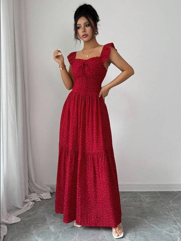 ADLEST French Elegant Casual Vacation Square Neck Lotus Leaf Flying Sleeves Polka Dot Print Texture Plaid Woven Chiffon Material Back Tie Pleated Large Skirt Spring And Summer Red Women Dress Summer product image (4)