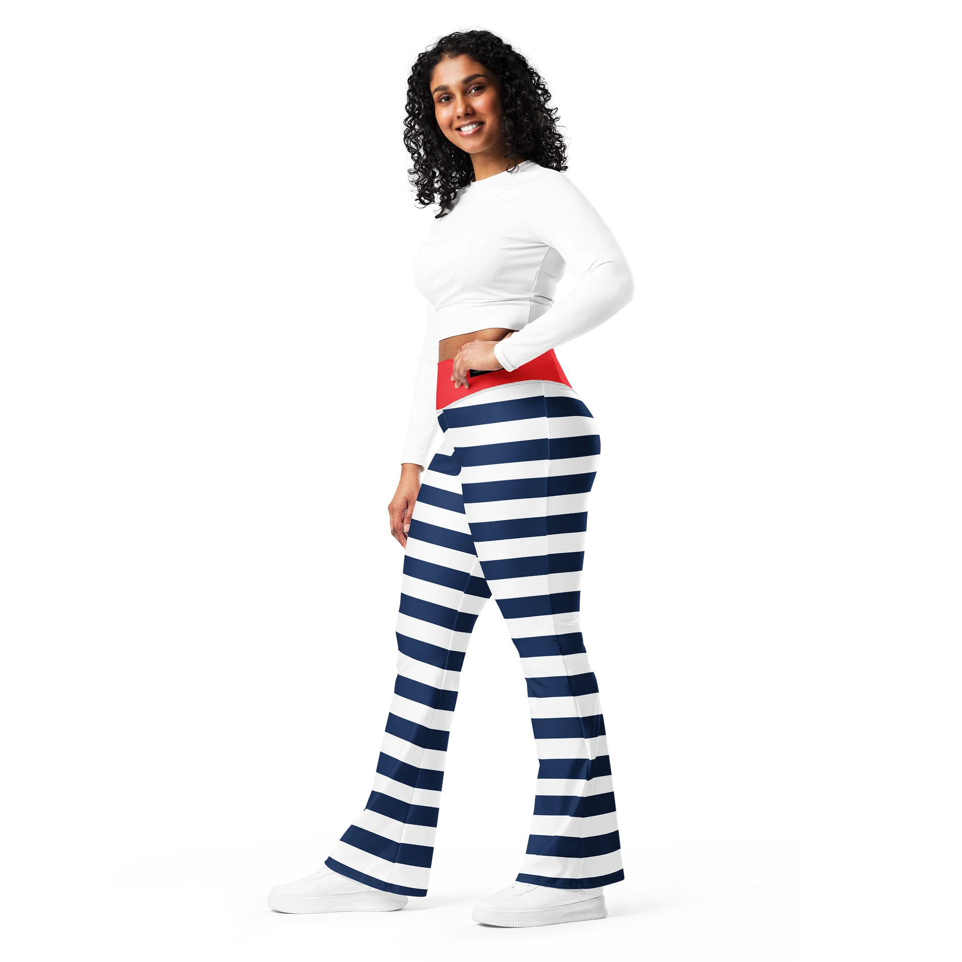 Nautical Stripe High-Waisted Flare Leggings with Red Waistband product image (3)