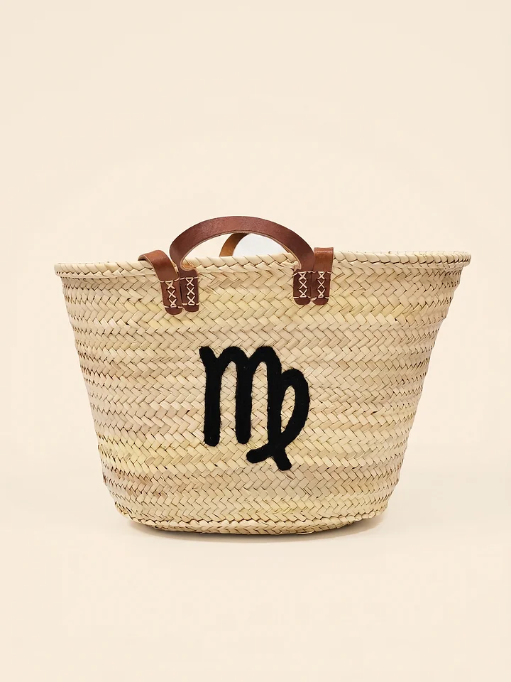 Handmade Straw Tote Bag – Virgo Zodiac Monogram Market Basket product image (1)