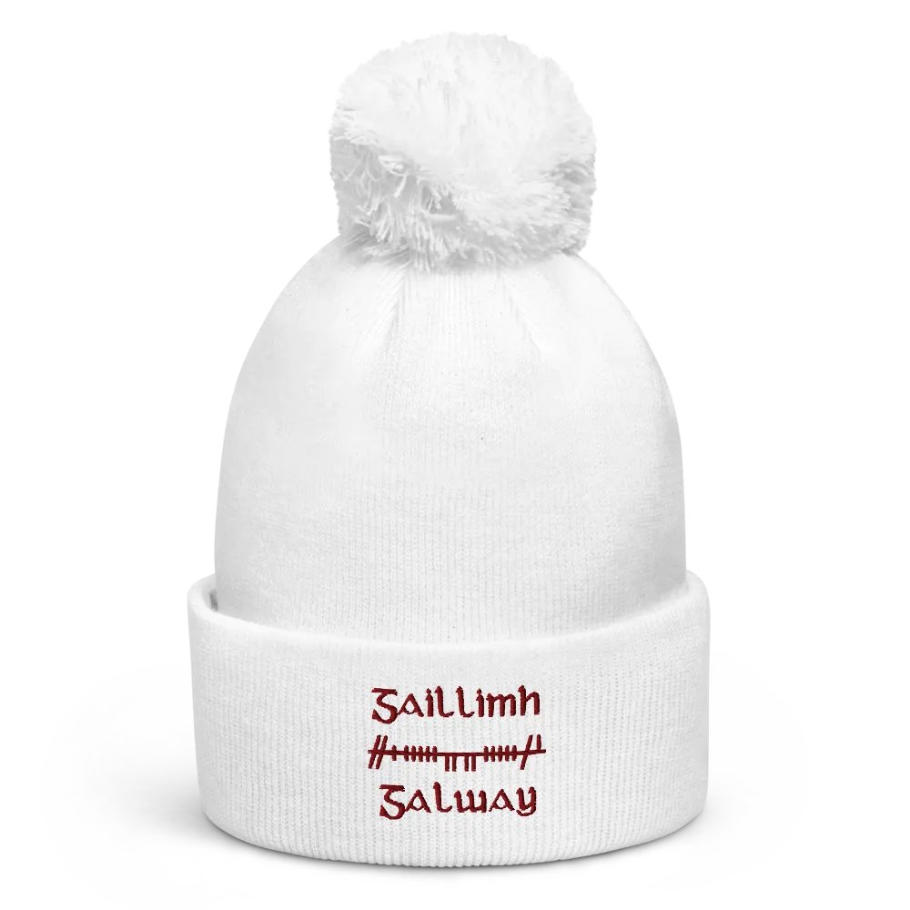 Galway/Gaillimh Orthodox Style Ogham, white with maroon, embroidered Pom-Pom Beanie product image (1)