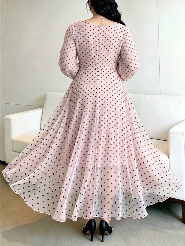Modelyn Spring/Autumn Polka Dot Cinched Cinched Waist Elegant Fashionable Flared Long Dress Brunch Tea Party Light Pink product image (8)