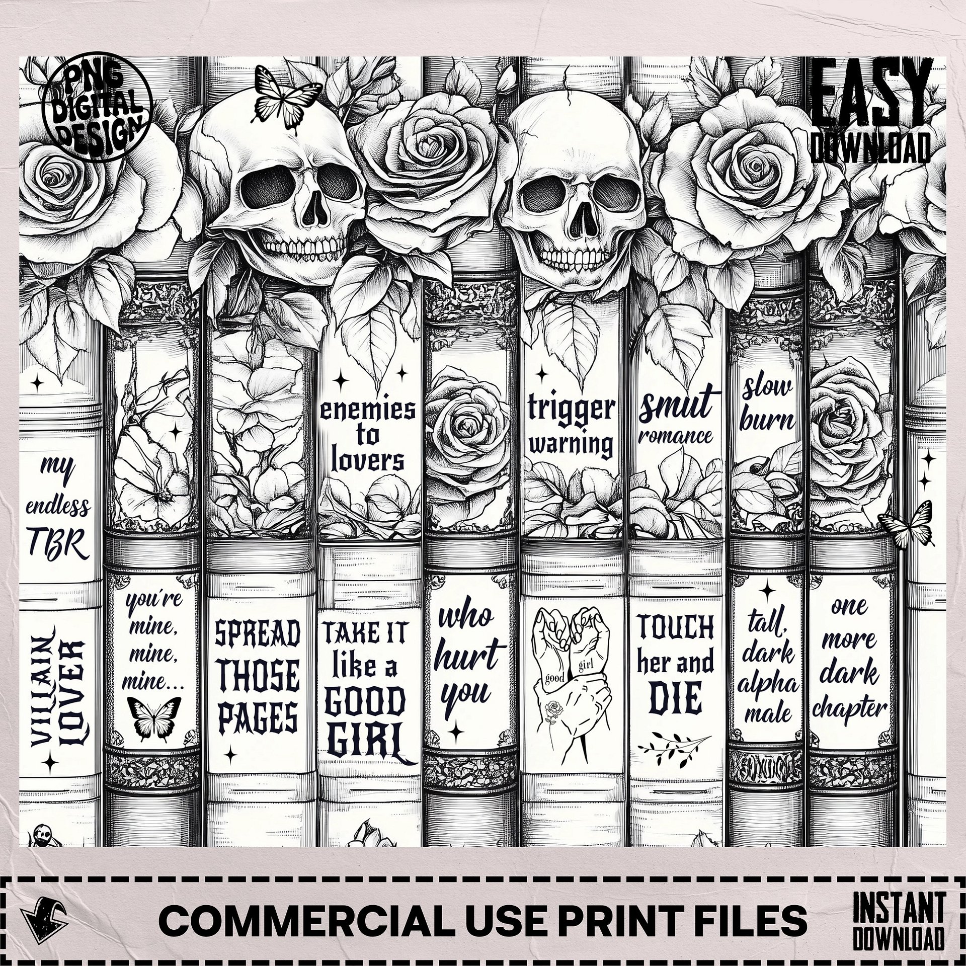 Dark Romance Skull Roses Vintage Smutty Book Lover Tropes 20oz Tumbler Full Wrap PNG, Seamless Sublimation Design, Digital Download product image (6)