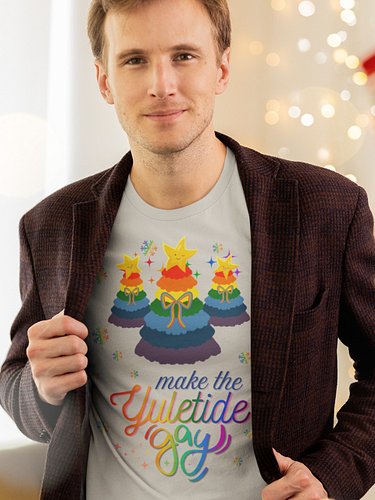 Get ready to sleigh the holidays in the most fabulous way! Our holiday tee features three Pride Christmas trees, each topped ...