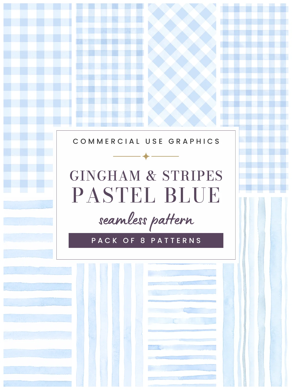 Pastel Blue Watercolor Gingham & Stripes Seamless Pattern Pack product image (1)