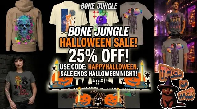 BIG Sale going on right now! 25% off your order with code HAPPYHALLOWEEN at checkout. This Sale ends Halloween night, so get in now and wear your Bone Jungle merch all October!