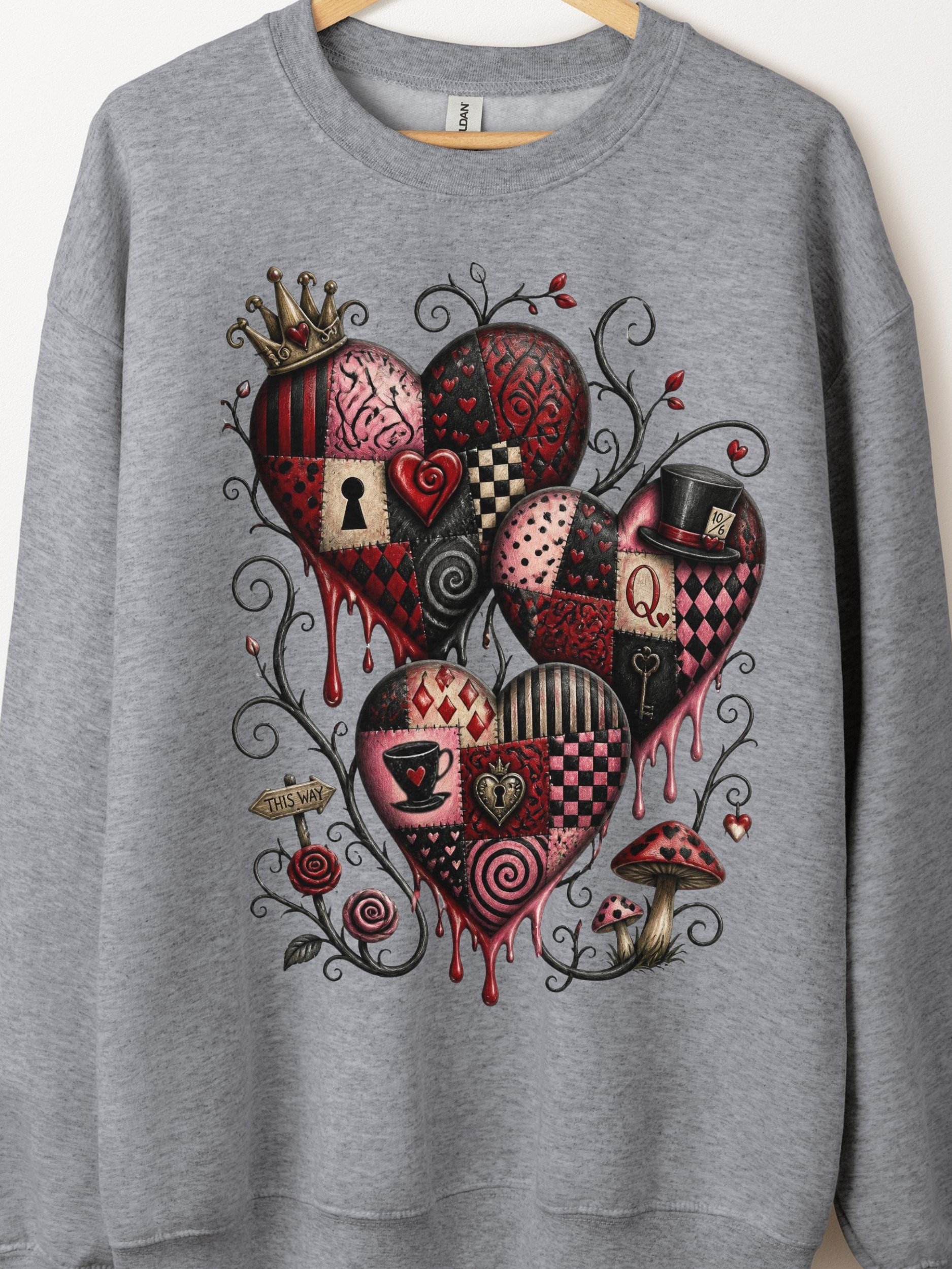 Queen of Hearts Whimsigoth Patchwork Crewneck, Dark Alice Sweatshirt product image (1)