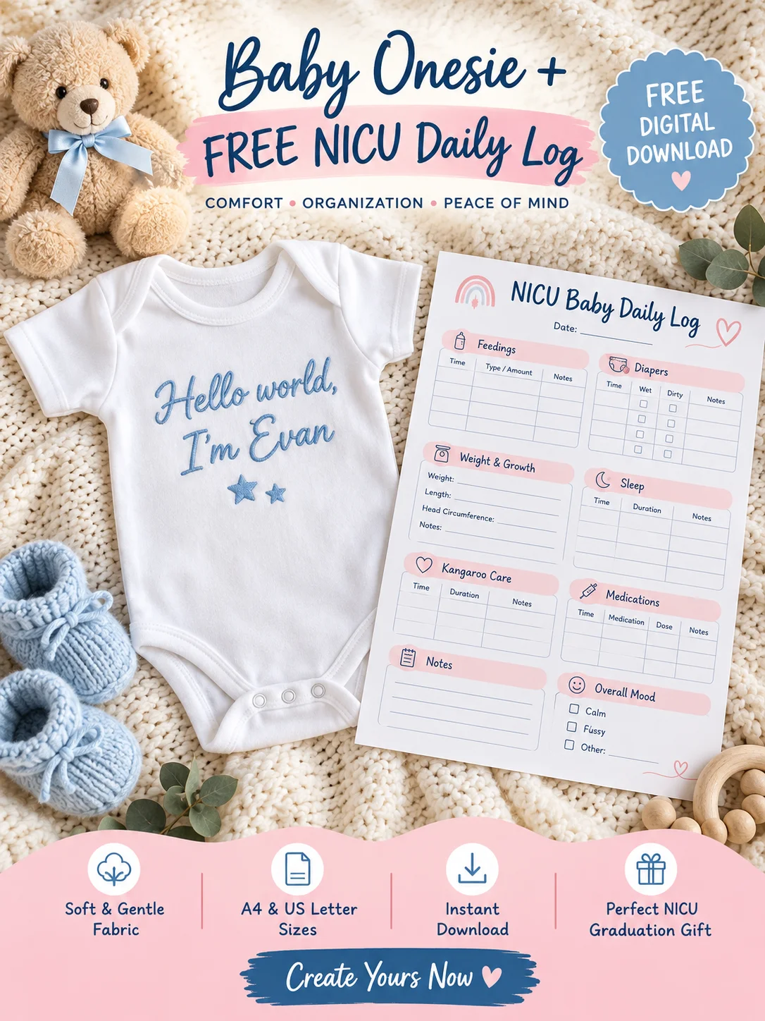 Personalized NICU Onesie with Baby’s Name + Free NICU Log Printable product image (1)