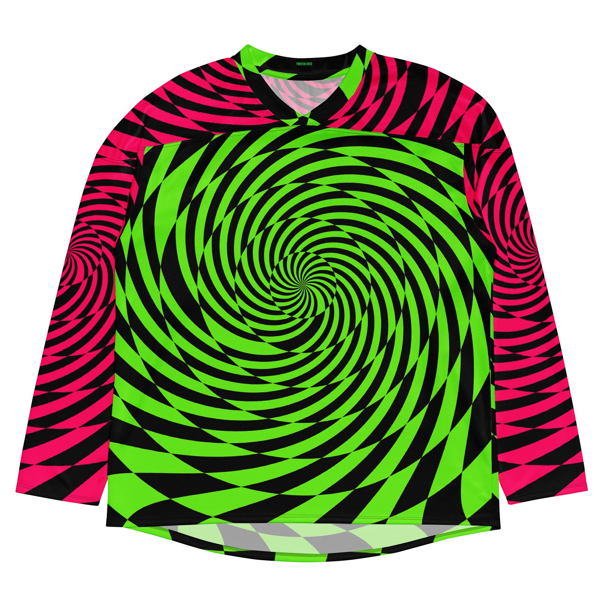 Psychedelic Rave Recycled Hockey Jersey, Trippy Spiral EDM Shirt, Techno Dance Party Festival Top, Neon Green Pink Black Alternative Clothes product image (2)
