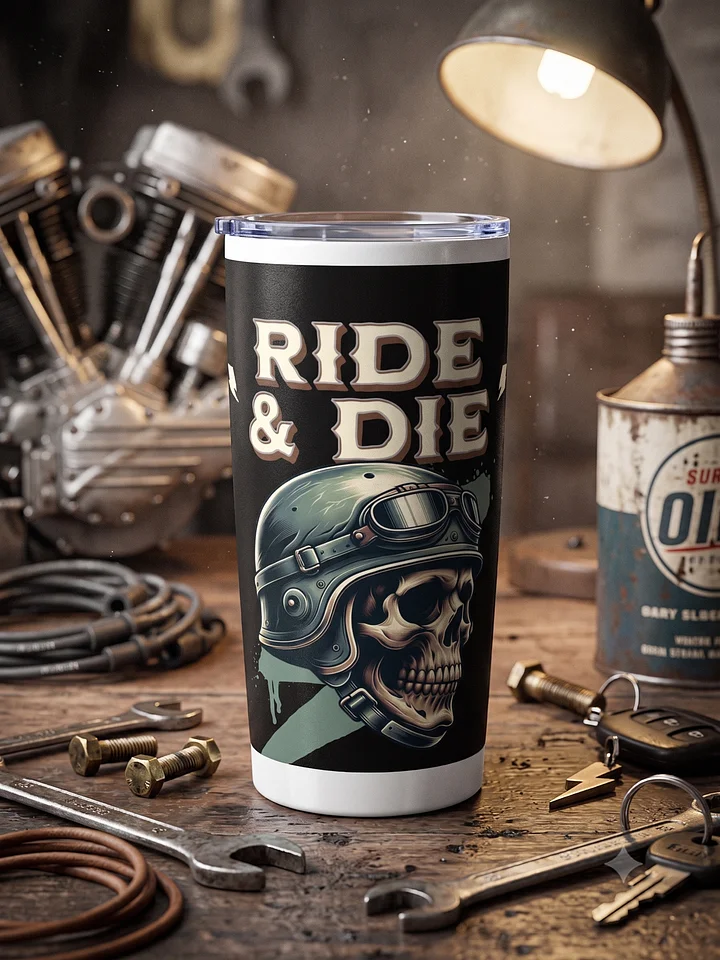 20oz Stainless Steel Tumbler with Lid - Ride & Die Biker Skull Helmet Design, Insulated Motorcycle Rider Travel Cup by BoldPixel product image (1)