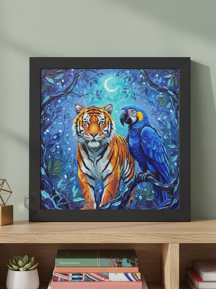 Elegant Tiger and Macaw Framed Wall Art, Luxe Tropical Wildlife Print product image (1)