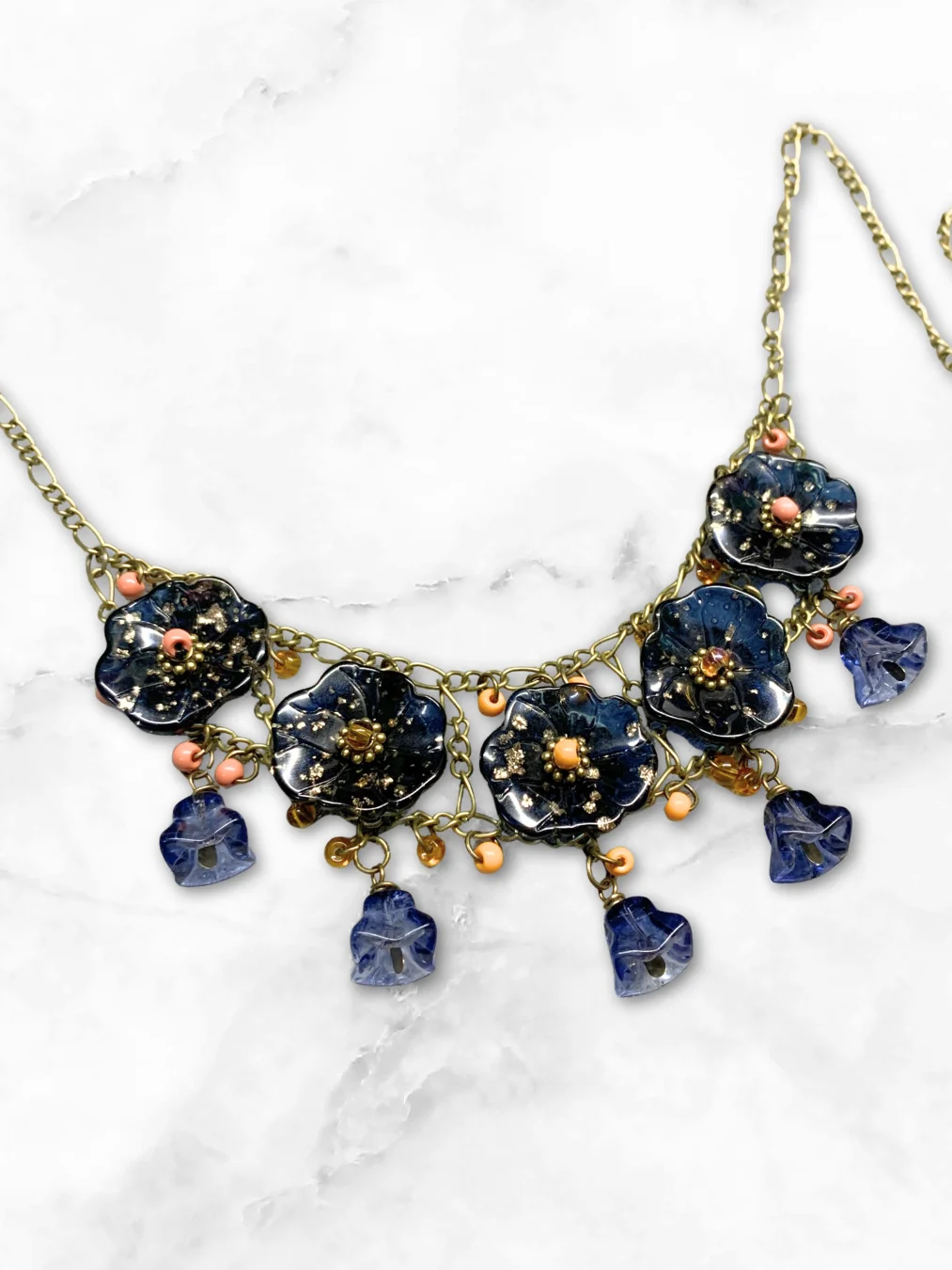Beaded Glass Floral Statement Necklace on Chain - Blue product image (2)
