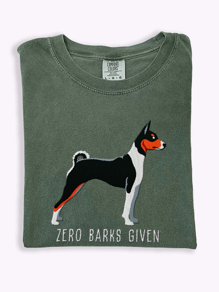 Zero Barks Given T-Shirt(Embroidered) of a Basenji(Tricolor) product image (1)