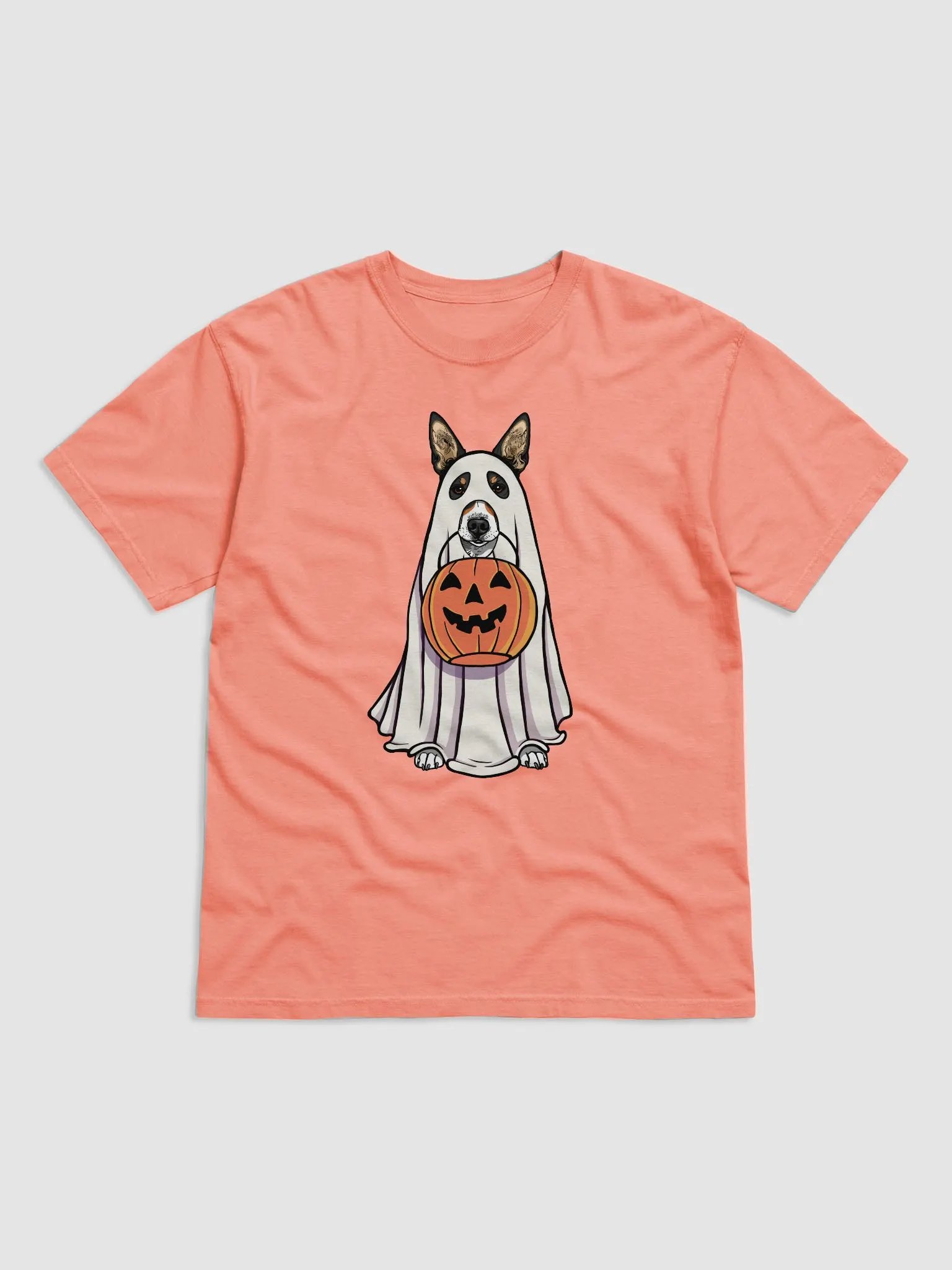 Funny Halloween Basenji(Tricolor) T-Shirt | Funny Basenji Wearing a Ghost Costume and Holding a Pumpkin Basket product image (1)