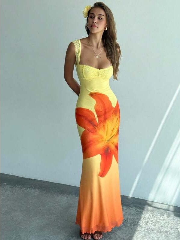 ADLEST New Romantic Yellow Ombre Floral Mesh Print Fitted Stretchy Sexy Backless Bodycon Dress With Lace Trim product image (5)