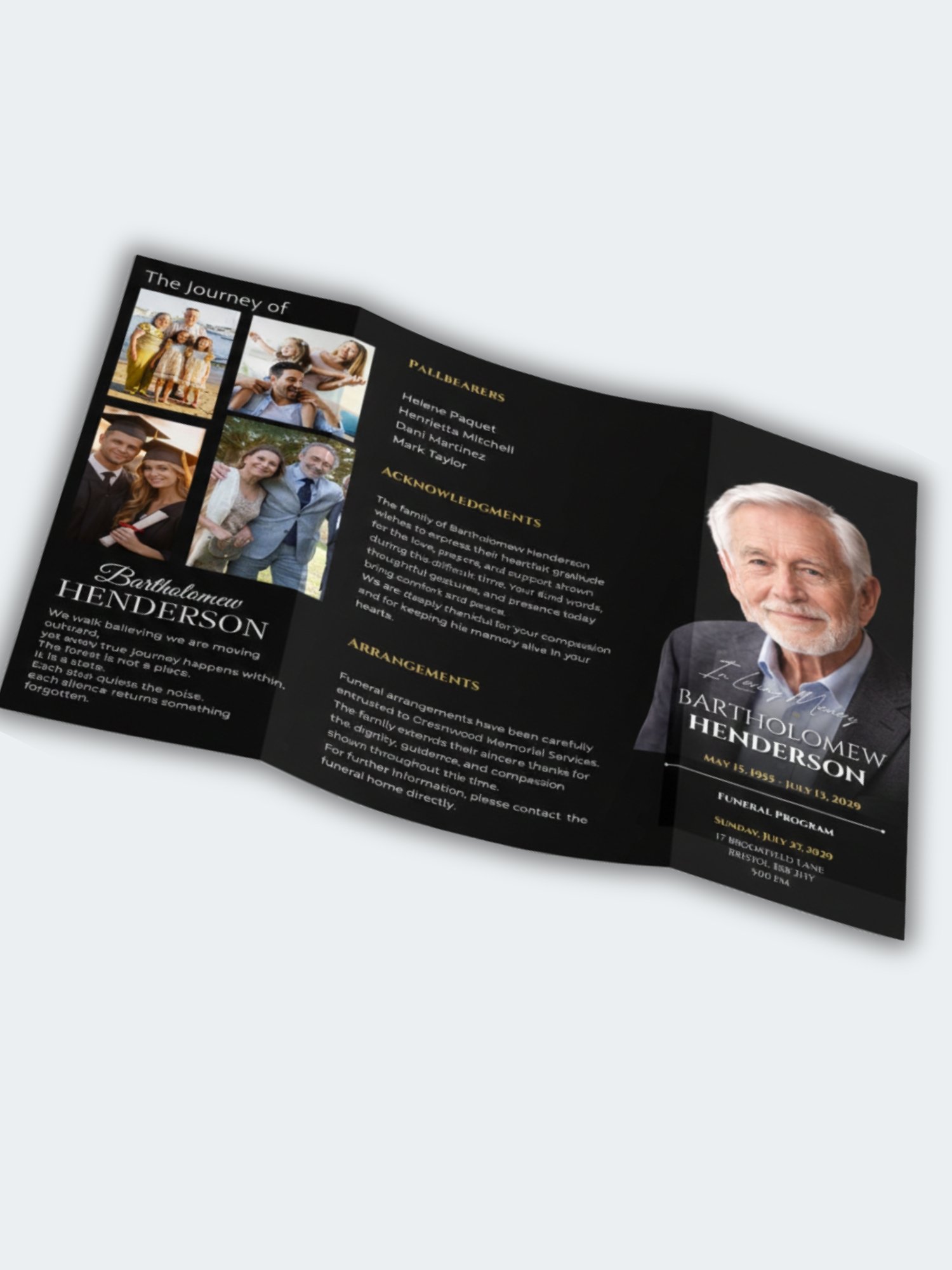 Celebration of Life Trifold for Men | Black & Gold Funeral Program, 6-Page US Letter Canva Template product image (8)