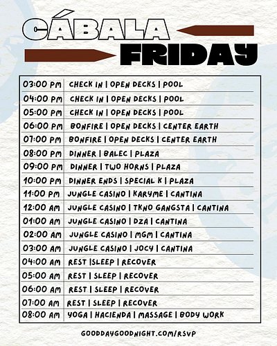 DAY ONE has arrived! 🪩🌵🏜️

Here’s what to expect when you arrive and check-in today at 3️⃣PM

After that, the party begins 🪩🎉...